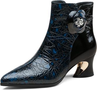 TinaCus Genuine Leather Handmade Flower Womens Pointed Toe Side Zipper Low Chunky Heels Elegant Ankle Boots, Blue, 8 UK