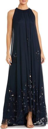 Mac Duggal High Neck Floral Embellished Trapeze Gown in Midnight Gold at Nordstrom, Size 12