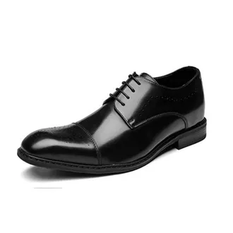 Generic Oxford Formal Shoes for Men Lace Up Cap Toe Brogue Embossed Derby Shoes Leather Rubber Sole Non Slip Resistant Low Top Block Heel Wedding(Black,7.5 UK