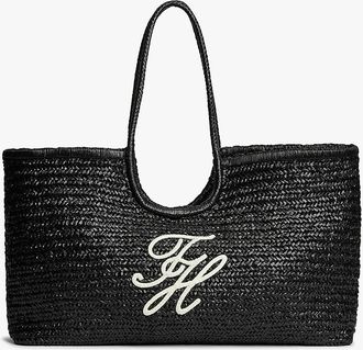 Tommy Hilfiger Womens Script Monogram Raffia Maxi Tote - Black