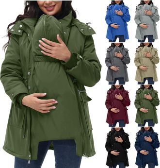 Generic Maternity Coat Womens UK 3 In 1 Warm Thicken Winter Padded Puffer Jackets Full Zip Quilted Baby Wearing Coat Hooded Padded Down Jacket Parka Coat Wint