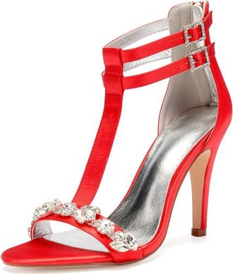 Generic Wedding Shoes High Heels Women Bridal Stiletto Heels Open Toe Heeled Sandals for Dressy Wedding Party 10.5Cm,red,3 UK
