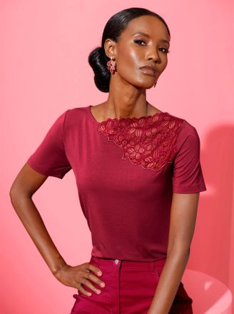 Cr&eacute;ation L Kurzarmshirt CREATION L Kurzarm-Shirt, Damen, Gr. 40, rot (kirsche), 95% Modal, 5% Elasthan, unifarben, U-Boot-Ausschnitt, Shirts Kurzarmshirt