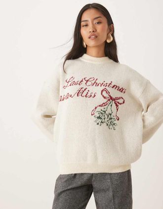 Six Stories Maglione girocollo color crema con motivo Last Christmas As A Miss con vischio-Bianco
