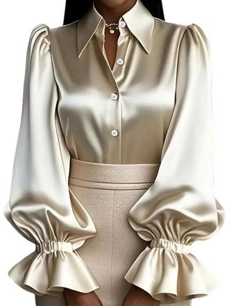 Generic Womens Tops,Womens Puff Sleeve Button Down Shirt Vintage Loose Fit Shiny Satin Blouse Victorian Style Ruffled Cuffs Collared Dressy Tops Casual Evenin