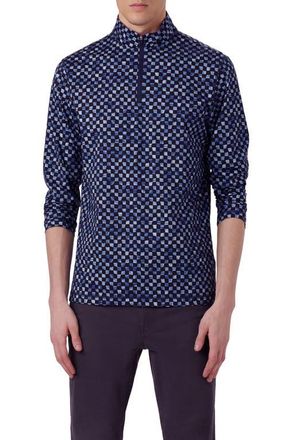 Bugatchi Anthony OoohCotton Warped Check Print Quarter Zip Pullover in Navy at Nordstrom, Size Xxx-Large
