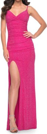 La Femme Rhinestone Embellished Net Jersey Prom Dress In Hot Pink