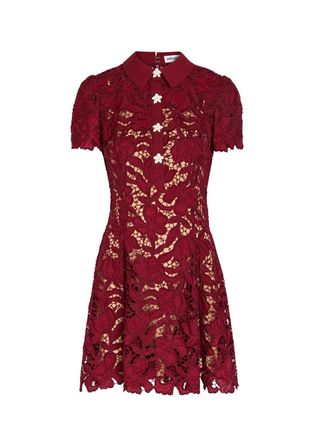 Self Portrait Floral Guipure Lace Mini Shirt Dress - Burgundy - 10 (UK10 / S)