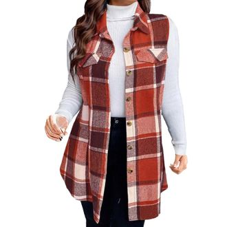 Generic Autumn and Winter New Foreign Trade Womens Fashion Plaid Sleeveless Lapel Side Pocket Shirt Waistcoat Winter Shirts for Women Long Sleeve (Orange, L)