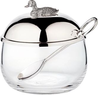 Edzard Premium Marmeladenglas Ente mit Untersetzer und Löffel - edel versilbert