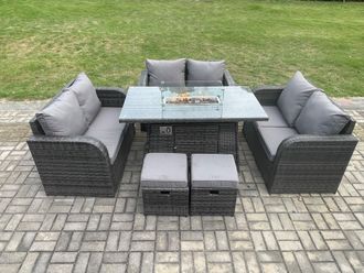Fimous 8 Seater Outdoor Rattan Furniture Garden Dining Set Gas Fire Pit Table with 2 Small Footstools Love Sofa Dark Grey Mixed