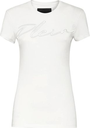 Philipp Plein Tops, Dames, Wit, XS, Katoen, T-shirt Ronde Hals SS Embroidery Signature