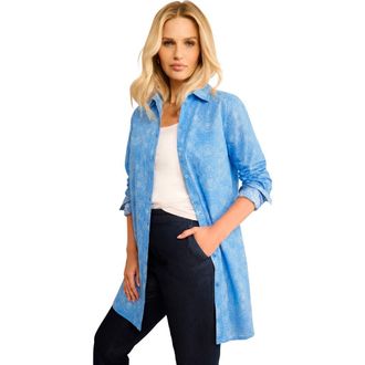 Roaman's Kate Long-Sleeve Crisp Cotton-Blend Button-Front Tunic in Blue Dot Medallion at Nordstrom, Size 28