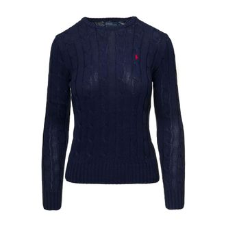 Polo Ralph Lauren Round-neck Knitwear, female, Blue, Size: XL Cable Knit Sweater with Embroidered Logo