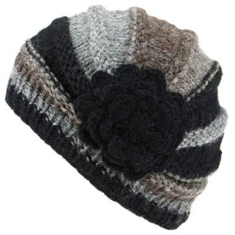 Loud Elephant Ladies Chunky Wool Knit Shell Shaped Beanie Hat with Side Flower - Black