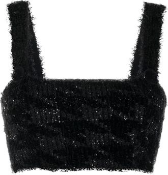 Balmain Sleeveless Tops, female, Black, M, Black Tweed Crop Top with Golden Buttons