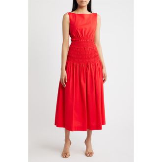 Anne Klein Smocked Waist Sleeveless Midi Dress in Begonia Red at Nordstrom, Size 16P