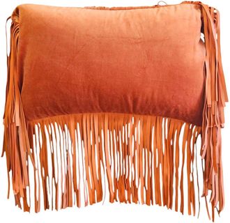 Les-Ottomans Coj&iacute;n de terciopelo de algod&oacute;n y flecos de cuero-naranja