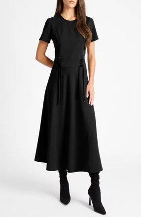 Santorelli Octavia Short Sleeve Dress with Leather Lacing Detail in Black at Nordstrom, Size 8