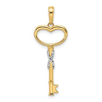 Diamond2Deal 14k Yellow Gold White Rhodium Diamiond-cut Heart Key Pendant