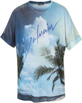 Balmain Blue digital print linen T-shirt Size M