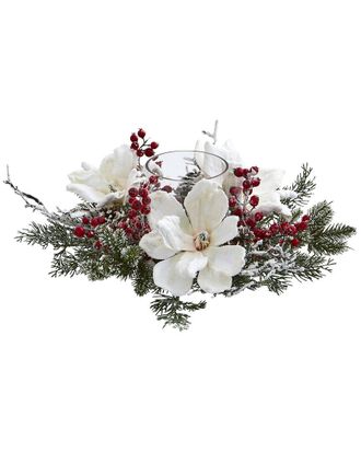 Nearly Natural Frosted Magnolia & Berry Artificial Arrangement Candelabrum