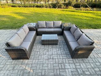 Fimous Rattan Lounge Sofa Set 9 Seater Outdoor Garden Furniture Set with Rectangular Coffee Table 3 Seater Sofa 2 Side Tables in Dark Grey