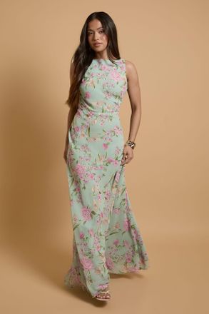 Oasis Womens Petite Lace Cowl Back Chiffon Printed Maxi Dress - Blue - Size 14 UK