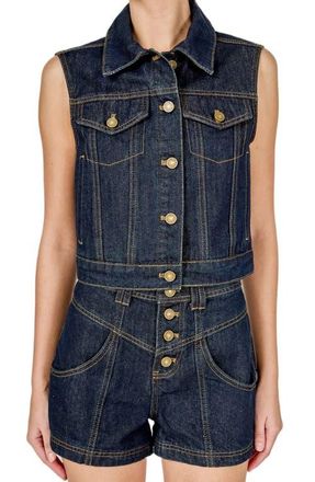 endless rose Crop Denim Vest in Dark Navy at Nordstrom, Size X-Small