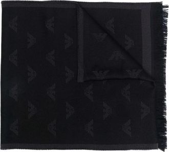 Emporio Armani Jacquard Sjaal met Adelaar en Franjes - Heren - Wintersjaals - Grijs - ONE Size - Wol - Accessoires