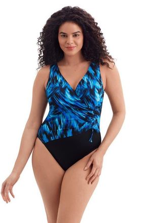 Longitude Shirred Faux Tie Surplice Long Torso One-Piece Swimsuit in Summer Waves at Nordstrom, Size 14
