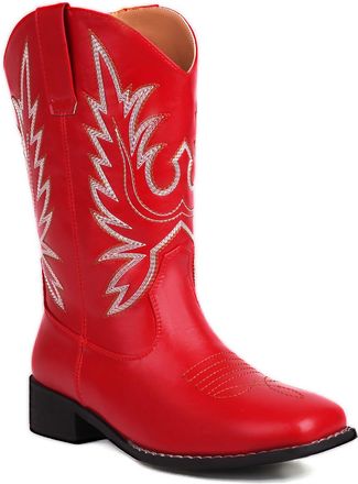 Generic Women Embroidered Western Cowboy Boots Square Toe Mid Calf Cowgirl Boots Pull on Wide Calf Boot,Red,3.5 UK