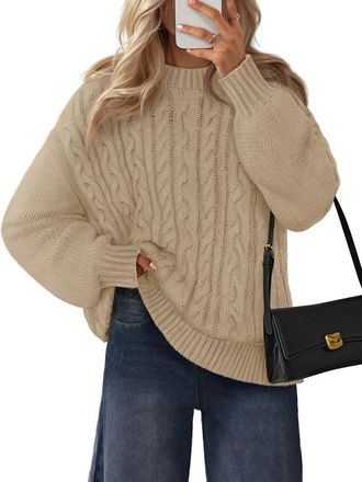 Merokeety Chunky Sweaters for Women Trendy 2025 Fall Cable Knit Long Sleeve Solid Crewneck Casual Pullover Tops, Sand, XL