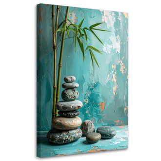 Feeby Cuadro Sobre Lienzo, Piedras Zen Spa Hojas Sobre Fondo Turquesa, 80x120