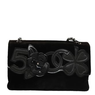Chanel Camellia No.5 Chain Flap Velvet Black Velvet Handbag (Pre-Owned)