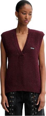 Rotate Gebreid Vest met V-hals - Dames - V-hals truien - Rood - L - Katoen - Truien & Vesten