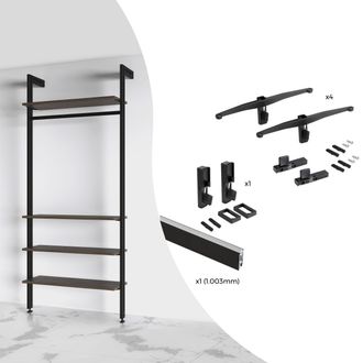 Emuca Emuca Kit De 4 Juegos De Soportes Para Estantes De Madera, 1 Juego De Soportes De Barra Y Una Barra De Colgar De 1 M, Zamak, Negro Texturizado
