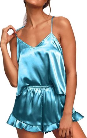 Generic Loungewear Sets Casual Pyjamas Suits Sleeveless Camisole Tops And Pajama Bottoms Elastic Waist Loose Elegant Housewear Wide Leg Ruffle Hem Shorts Comf