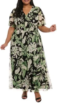 London Times Mesh Flutter Sleeve Maxi Dress in Black/Green at Nordstrom Rack, Size 18W