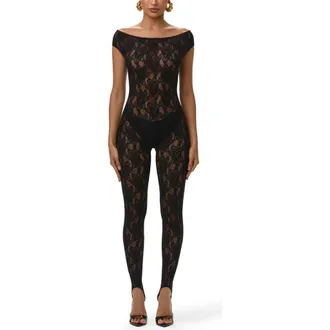 Naked Wardrobe Off the Shoulder Lace Stirrup Jumpsuit in Black at Nordstrom, Size X-Small