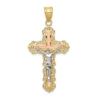 Diamond2Deal 10K Tri-color Diamond-cut Crucifix Pendant