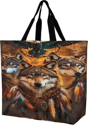 Generic Wolf with Dreamcatchers Large Reusable Shopping Bag Lightweight Foldable Tote Bags Washable Shoulder Handbag