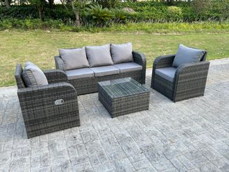 Fimous PE Rattan Garden Furniture Set Adjustable Chair Sofa Lounge Sofa Set Square Coffee Table in Dark Grey