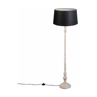 QAZQA Qazqa Cl&aacute;sico/antiguo L&aacute;mpara De Pie R&uacute;stica Gris Con Pantalla De Lino Negro - Classico Madera /textil Cil&iacute;ndra /alargada Adecuado Para Led Max. 1 X 4