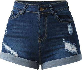 Generic Solid Colour Ripped Denim Shorts for Women Low Waisted Beach Sexy Denim Shorts with Pockets Ladies Summer Stretch Pants Breathable Straight Casual Pan