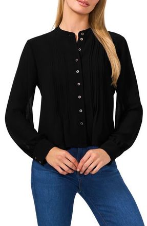 CeCe by Cynthia Steffe Pintuck Pleat Georgette Button-Up Top in Rich Black at Nordstrom, Size Medium