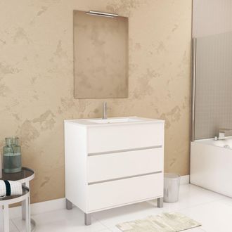 Aurlane Aurlane - Pack Mueble De Ba&ntilde;o 80 Cm Blanco 3 Cajones, Lavabo, Espejo 60x80 Y Aplique Led