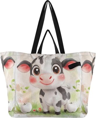 Generic Cow Beige print Reusable Canvas Tote Bag, Heavy Duty Grocery Shopping Bag with Double Handles Hard Bottom Large Capacity Work Groceries Travel