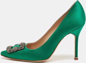 Manolo Blahnik Green Satin Hangisi Pumps