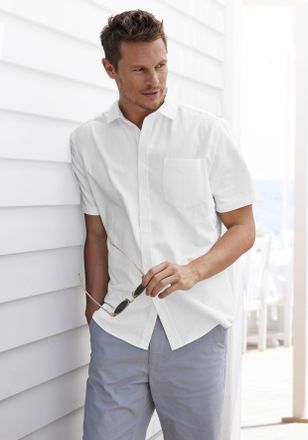 H.I.S Kurzarmhemd H.I.S, Herren, Gr. S (37/38), N-Gr, weiss (wei&szlig;), Web, Obermaterial: 100% Baumwolle, unifarben, regular fit, Rundhals, abgesteppte Kante, 